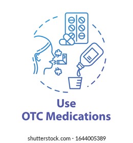 Use OTC medication concept icon. Cure and remedy. Cough syrup. Flu medication. Influenza treatment. Healthcare idea thin line illustration. Vector isolated outline RGB color drawing