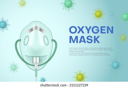 Use oxygen mask promo banner place for text realistic vector illustration. Medical breathing equipment with virus bacteria poster. Pneumonia flu viral infection coronavirus prevention and treatment