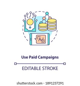 Use paid campaigns concept icon. App marketing tips. Paying money for advertisement of your digital project idea thin line illustration. Vector isolated outline RGB color drawing. Editable stroke