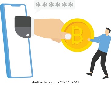 Use passwords to steal bitcoin from mobile phones, Vector illustration in flat style

