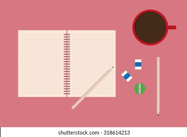 use pencil on notebook for memoirs story. Coffee