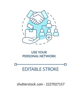 Use personal network turquoise concept icon. Finding new clients strategy abstract idea thin line illustration. Isolated outline drawing. Editable stroke. Arial, Myriad Pro-Bold fonts used