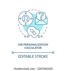 Use Personalization Calculator Turquoise Concept Icon. Customers Data. Lead Retention Abstract Idea Thin Line Illustration. Isolated Outline Drawing. Editable Stroke. Arial, Myriad Pro-Bold Fonts Used