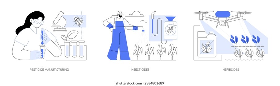 Use of pesticides isolated cartoon vector illustrations set. Manufacturing chemical fertilizers in laboratory, farmer spraying insecticides, kill unwanted plants with herbicides vector cartoon.