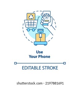 Use phone concept icon. Reduce waste while shopping abstract idea thin line illustration. Record container weights. Isolated outline drawing. Editable stroke. Arial, Myriad Pro-Bold fonts used