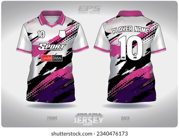 Use a pink purple label to add black dots pattern design, illustration, textile background for sports t-shirt, football jersey shirt mockup for football club. consistent front view