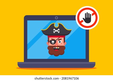 use pirated content on a laptop. flat vector illustration.