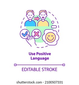 Use positive language concept icon. Client service strategy abstract idea thin line illustration. Isolated outline drawing. Editable stroke. Roboto-Medium, Myriad Pro-Bold fonts used