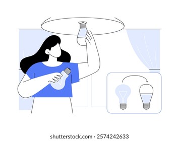 Use power saving lamps isolated cartoon vector illustrations. Young woman using LED lamps in her apartment, power saving lighting in home, people eco-friendly lifestyle vector cartoon.