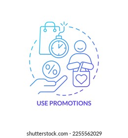 Use promotion blue gradient concept icon. Special offers and discounts for customers. Managing prices abstract idea thin line illustration. Isolated outline drawing. Myriad Pro-Bold font used