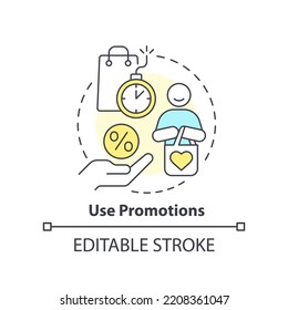Use promotion concept icon. Special offers and discounts. Managing prices abstract idea thin line illustration. Isolated outline drawing. Editable stroke. Arial, Myriad Pro-Bold fonts used