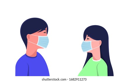 Use protective mask for prevent virus and pm2.5. man and women cartoon character. vector Illustration