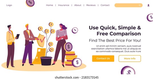 Use quick, simple and free comparison of insurance coverages and companies caring for your life. Find best price on service Website landing page template, internet site. Vector in flat style