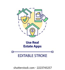 Use real estate apps concept icon. Property purchase. First time home buyer tip abstract idea thin line illustration. Isolated outline drawing. Editable stroke. Arial, Myriad Pro-Bold fonts used