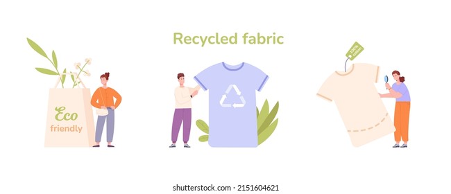 Use recycled clothing. Green wardrobe cloth sustainable fashion, eco friendly fabric natural cotton textile, vector illustration. Eco-friendly and recycling production clothes