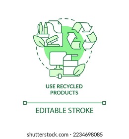Use recycled products green concept icon. Reusable materials. Eco-conscious habit abstract idea thin line illustration. Isolated outline drawing. Editable stroke. Arial, Myriad Pro-Bold fonts used
