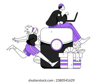 Utilice sobres rojos para atraer nuevos clientes y promover la actividad. Ilustración del concepto de carácter vector plano
