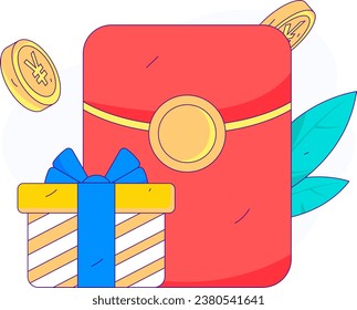 Utilice sobres rojos para atraer nuevos clientes y promover la actividad. Ilustración del concepto de carácter vector plano
