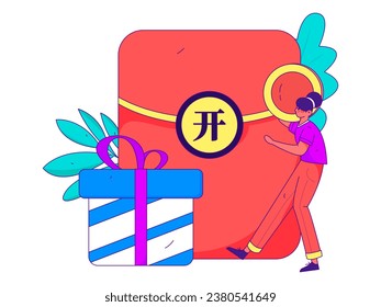 Utilice sobres rojos para atraer nuevos clientes y promover la actividad. Ilustración del concepto de carácter vector plano
