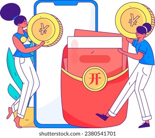 Use red envelopes to attract new customers and promote activity. Flat vector character concept illustration
