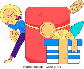Utilice sobres rojos para atraer nuevos clientes y promover la actividad. Ilustración del concepto de carácter vector plano
