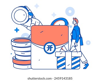 Use red envelopes to attract new customers and promote activity. Flat vector character concept illustration
