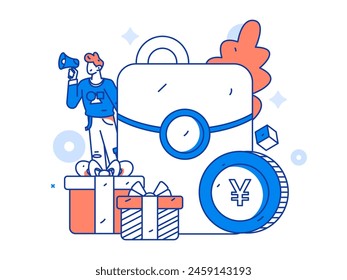 Use red envelopes to attract new customers and promote activity. Flat vector character concept illustration
