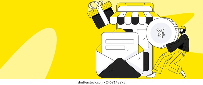 Use red envelopes to attract new customers and promote activity. Flat vector character concept illustration
