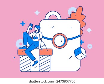 Use red envelopes to attract new customers and promote activity. Flat vector character concept illustration
