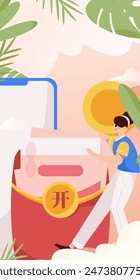 Use red envelopes to attract new customers and promote activity. Flat vector character concept illustration
