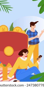 Use red envelopes to attract new customers and promote activity. Flat vector character concept illustration
