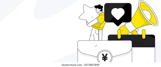 Use red envelopes to attract new customers and promote activity. Flat vector character concept illustration
