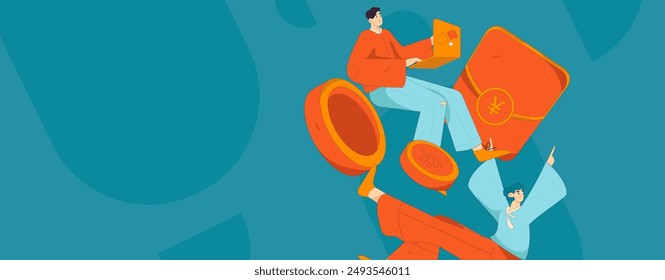 Use red envelopes to attract new customers and promote activity. Flat vector character concept illustration
