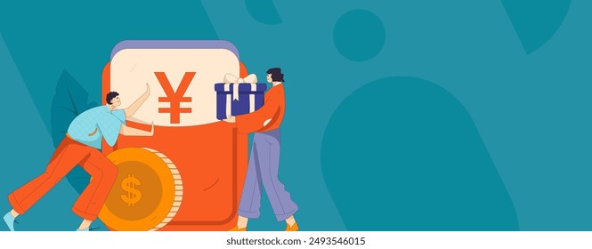 Use red envelopes to attract new customers and promote activity. Flat vector character concept illustration
