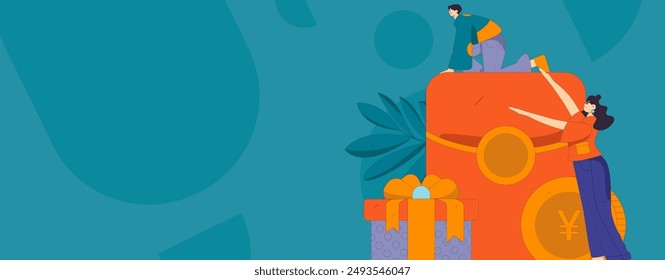 Use red envelopes to attract new customers and promote activity. Flat vector character concept illustration
