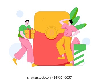 Use red envelopes to attract new customers and promote activity. Flat vector character concept illustration
