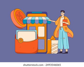 Use red envelopes to attract new customers and promote activity. Flat vector character concept illustration
