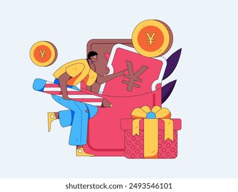 Use red envelopes to attract new customers and promote activity. Flat vector character concept illustration
