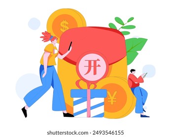 Use red envelopes to attract new customers and promote activity. Flat vector character concept illustration
