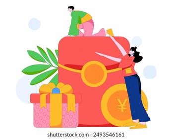 Use red envelopes to attract new customers and promote activity. Flat vector character concept illustration
