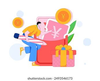 Use red envelopes to attract new customers and promote activity. Flat vector character concept illustration
