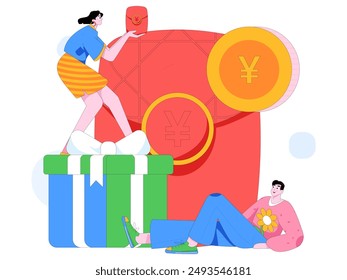 Use red envelopes to attract new customers and promote activity. Flat vector character concept illustration
