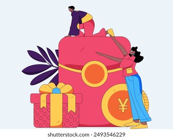 Use red envelopes to attract new customers and promote activity. Flat vector character concept illustration
