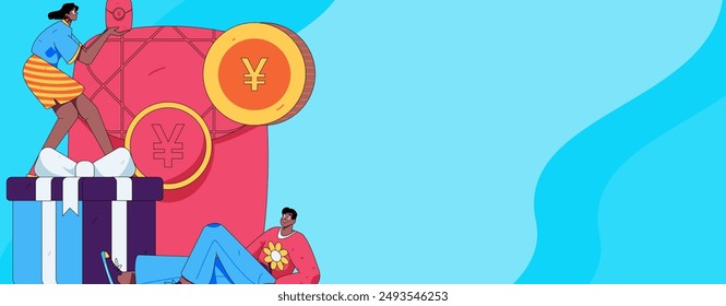 Use red envelopes to attract new customers and promote activity. Flat vector character concept illustration
