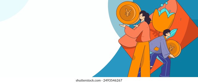 Use red envelopes to attract new customers and promote activity. Flat vector character concept illustration
