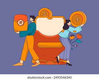 Use red envelopes to attract new customers and promote activity. Flat vector character concept illustration
