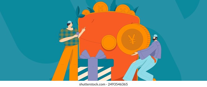 Use red envelopes to attract new customers and promote activity. Flat vector character concept illustration
