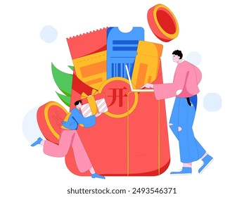 Use red envelopes to attract new customers and promote activity. Flat vector character concept illustration
