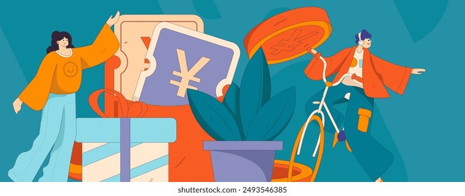 Use red envelopes to attract new customers and promote activity. Flat vector character concept illustration
