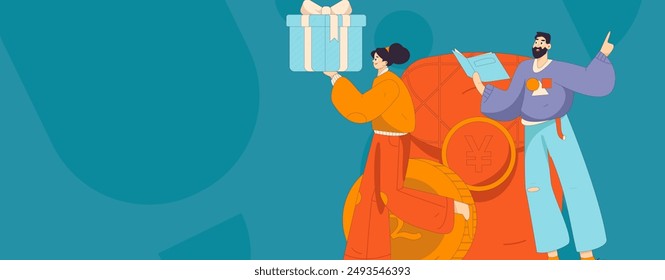 Utilice sobres rojos para atraer nuevos clientes y promover la actividad. Ilustración de concepto de personaje de Vector plano
